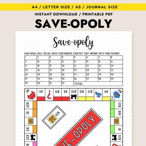 May include: A printable Save-Opoly board game with a red, yellow, and green game board. The game board has spaces for players to land on, including a question mark, a dollar sign, and a house. The game board also has a title that says "Save-Opoly".