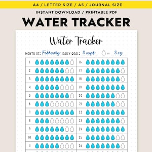 May include: Printable water tracker for the month of February. The tracker has a daily goal of 8 cups of water, which is equal to 80 ounces. The tracker is designed with blue raindrops to represent water intake.