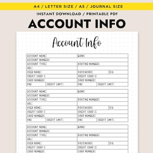 Organizador financiero imprimible con registro de contraseñas y seguimiento de información de cuenta (A4/A5/Carta) en formato PDF