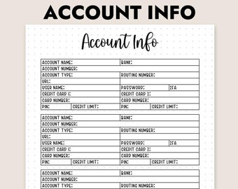 Printable Account Info Tracker Password Log Financial Organizer Insert A4/A5/Letter PDF