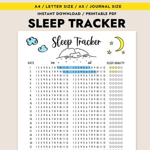 May include: A printable sleep tracker with a black and white illustration of a sleeping animal. The tracker has a date column, a time column from 9 PM to 12 AM, and a sleep quality column with five circles for each day. The months of the year are listed at the bottom of the tracker.