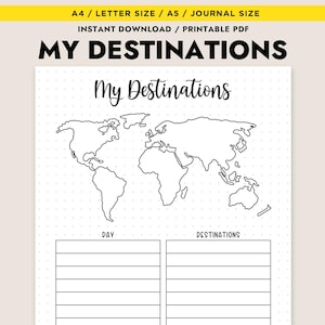 Planificador de viajes imprimible Mis destinos Mapa del mundo Registro de destinos Descarga instantánea PDF A4 A5 Tamaño carta Diario
