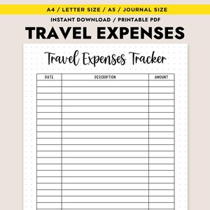 May include: Printable travel expenses tracker with columns for date, description, and amount. There is a section for notes and a total at the bottom.