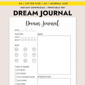 Plantilla imprimible de diario de sueños Registro de seguimiento del sueño A4 A5 Carta PDF Descarga instantánea Seguimiento del estado de ánimo