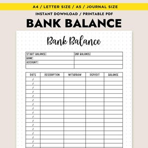 Registro de cuenta de seguimiento de saldo bancario imprimible (A4/A5/Carta) PDF
