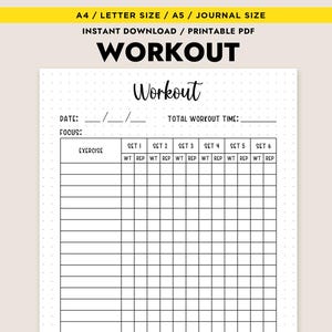 May include: Printable workout log with sections for date, focus, exercise, sets, weight, reps, cardio, time, distance, heart rate, and calories. The log has a black and white design with a dotted background.