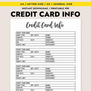 ausdruckbare Kreditkarten Info Tracker Buchhaltungslogbuch A4 A5 Letter PDF zum sofortigen Download