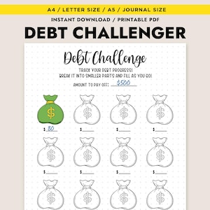 Op de afbeelding: Een printbare schuldenuitdagingstracker met een illustratie van een groene geldzak. De tracker heeft 16 lege geldzakken om in te vullen terwijl je je schuld afbetaalt. De tekst luidt "Schuldenuitdaging" en "Volg je schuldenvoortgang! Deel het op in kleinere delen en vul het geleidelijk in! Bedrag om af te betalen: € 500".