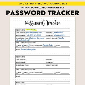 May include: A printable PDF password tracker with a cream background. The top of the page has the text "PASSWORD TRACKER" in large, bold letters. The tracker includes fields for website, email, username, password, and security questions.