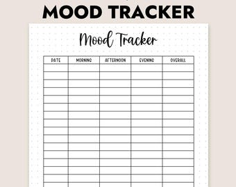 May include: A printable mood tracker with a white background and black grid lines. The title "Mood Tracker" is written in a cursive font. The top of the page includes the text "A4 / LETTER SIZE / A5 / JOURNAL SIZE" and "INSTANT DOWNLOAD / PRINTABLE PDF".