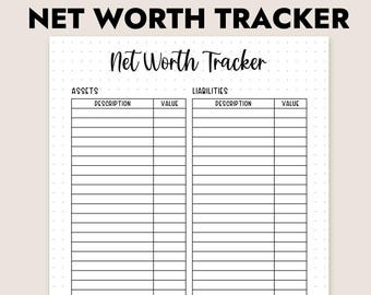 Net Worth Tracker Printable Assets Liabilities Log PDF Financial Health Statement Instant Download