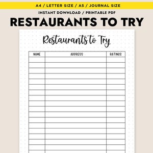 May include: Printable PDF checklist for keeping track of restaurants to try. The checklist has columns for the restaurant name, address, and ratings.