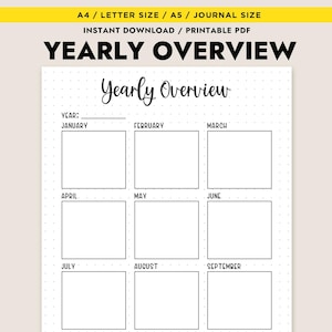 May include: A printable PDF yearly overview planner with a white background and black text. The planner includes boxes for each month of the year, with the text "Yearly Overview" at the top. The planner is available in A4, Letter, A5, and journal sizes.