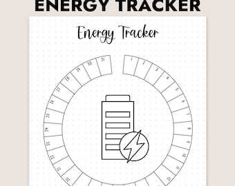 May include: Black and white printable energy tracker with the text "Energy Tracker". The design includes a circular calendar, a battery icon with a lightning bolt, and check boxes for energy levels. The document is A4/Letter size.