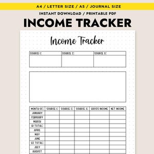 Puede incluir: Un rastreador de ingresos imprimible con un diseño en blanco y negro. El rastreador incluye secciones para los ingresos mensuales, la fuente de ingresos, los ingresos brutos y los ingresos netos. El rastreador está diseñado para su uso con un diario o un planificador.