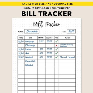 Bill Tracker Printable Journal Page Planner Expense Tracker Monthly ...