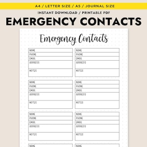 Lista de contactos de emergencia imprimible, libreta de direcciones, planificador de seguridad de viaje, descarga instantánea, PDF, A4, A5, diario de cartas