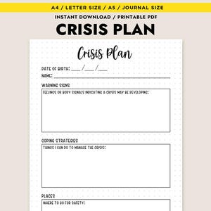 以下が含まれることがあります： 白地にドット柄の印刷可能なPDF危機管理計画。タイトル「CRISIS PLAN」は太字の黒文字です。計画には、生年月日、名前、警告サイン、対処戦略、安全な場所のセクションが含まれています。
