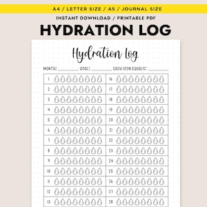 Registro de hidratación imprimible, registro de agua, bienestar mensual, tamaño carta, A4, A5, PDF, descarga instantánea, hoja de diario