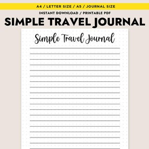 May include: Printable PDF template for a simple travel journal with lined pages and a dotted background. The title "Simple Travel Journal" is written in black cursive at the top of the page.