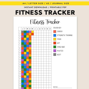 Può includere: Tracker di fitness stampabile con una griglia per ogni mese dell'anno. La griglia è codificata a colori per rappresentare diversi tipi di allenamenti, tra cui cardio, allenamento della forza, yoga, HIIT, core/abs, pilates e riposo.
