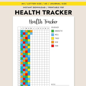 May include: A printable health tracker with a grid for each month of the year. The grid is color-coded to track how you feel each day. The color key shows energetic in green, well in blue, tired in yellow, sick in orange, and pain in red.