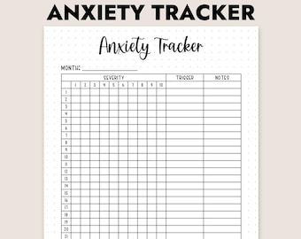 May include: Printable anxiety tracker with columns for the month, severity, trigger, and notes. The tracker is designed for use in a journal or planner.