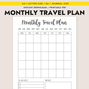 Calendário de viagem mensal para impressão, planejador, inserção, download instantâneo, PDF, tamanho A4, A5, carta, diário