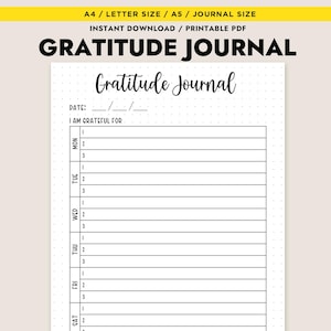 Dankbarkeit Journal Printable Wochenübersicht Achtsamkeit Blatt A4 A5 Letter PDF Instant Download Planer
