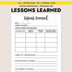 May include: A printable PDF journal page with the title "LESSONS LEARNED" in a handwritten font. The page includes sections for recording challenges, lessons learned, and future applications. It also has prompts for reflection on resilience and personal growth.