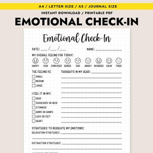 May include: A printable PDF journal page titled "Emotional Check-In". The page includes sections for recording feelings, thoughts, and strategies for managing emotions. It features a dotted grid background and a variety of prompts.