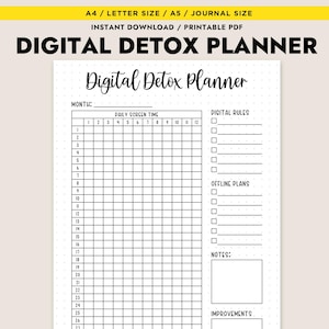 Planificador de desintoxicación digital imprimible, rastreador de tiempo de pantalla, tamaño A4, A5, carta, PDF, descarga instantánea, registro mensual
