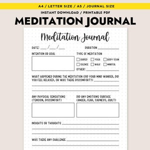Diario de meditación imprimible, registro de atención plena, reflexión diaria, tamaño A4, A5, carta, PDF, descarga instantánea