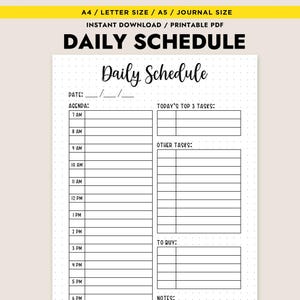 Horario diario imprimible en PDF, agenda horaria, tareas principales, notas, tamaño A4, A5, diario, descarga instantánea
