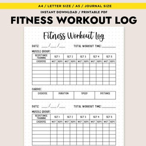 Registro de entrenamiento de fitness imprimible, rastreador de cardio de resistencia, tamaño A4, A5, carta, PDF, descarga instantánea, hoja de gimnasio