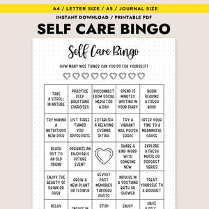 Peut inclure: Carte de bingo imprimable en noir et blanc avec le titre "Self Care Bingo". La carte comporte 25 cases avec des activit&eacute;s d'auto-soins &eacute;num&eacute;r&eacute;es dans chaque case. Les cases sont dispos&eacute;es en grille de 5x5. La case centrale a un c&oelig;ur.