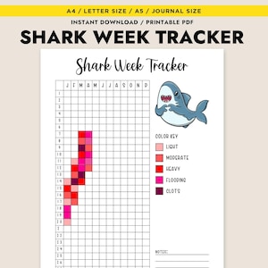 May include: A printable shark week tracker with a cartoon shark illustration. The tracker has a grid with 30 rows and 7 columns. The grid is labeled with the months of the year. The color key shows different shades of red, pink, and purple, representing light, moderate, heavy, flooding, and clots.
