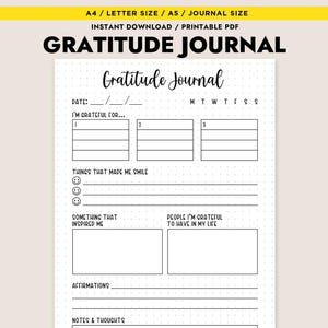 Diario de gratitud imprimible, planificador diario de atención plena, autocuidado, PDF, tamaño carta, A4, A5, descarga instantánea
