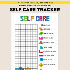 Self Care Tracker afdrukbare dagboekpagina Wellness Tracker dagelijks activiteitenlogboek gewoonte tracker leuk spel Tetris Tracker digitale Instant Download