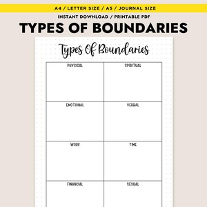 Puede incluir: Documento PDF imprimible titulado "TYPES OF BOUNDARIES" con una cuadrícula para organizar pensamientos sobre límites físicos, emocionales, laborales, financieros, espirituales, verbales, temporales y sexuales. El documento es de tamaño A4/Carta y A5/Diario.