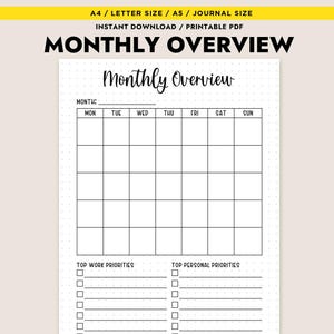 Planificador mensual imprimible en PDF, calendario sin fecha, prioridades personales, trabajo principal, tamaño A4, A5, diario tipo carta.