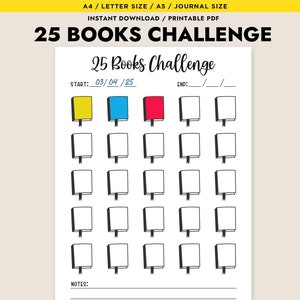 Desafío de 25 libros Seguimiento de lectura Página de diario imprimible Planificador Registro de lectura de libros Página de seguimiento de hábitos diarios Lista de libros digitales para leer
