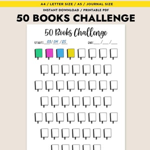 Desafío de 50 libros Seguimiento de lectura Página de diario imprimible Planificador Registro de lectura de libros Página de seguimiento de hábitos diarios Lista de libros digitales para leer