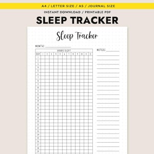Rastreador de sueño mensual (PDF imprimible, tamaño A4, carta, A5) Registro de horas para un mejor descanso