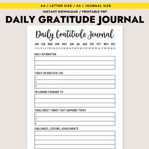 Diario de gratitud diario (página imprimible en PDF), registro de atención plena, afirmación, tamaño A4, carta, tamaño A5, cuidado personal