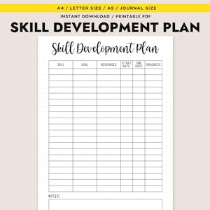 May include: A printable Skill Development Plan on a white background. The document includes sections for skill, goal, resources, start and end dates, and progress. The title "Skill Development Plan" is at the top, with the size and instant download information above.