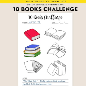 Desafío de lectura de 10 libros, diario imprimible, planificador de páginas, registro de lectura de libros, página de seguimiento de hábitos diarios, lista de libros digitales para leer
