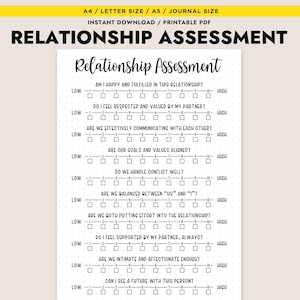 May include: A printable PDF relationship assessment sheet with questions about communication, values, and intimacy. The document is designed for self-reflection and includes a rating scale from low to high. The title "Relationship Assessment" is at the top.