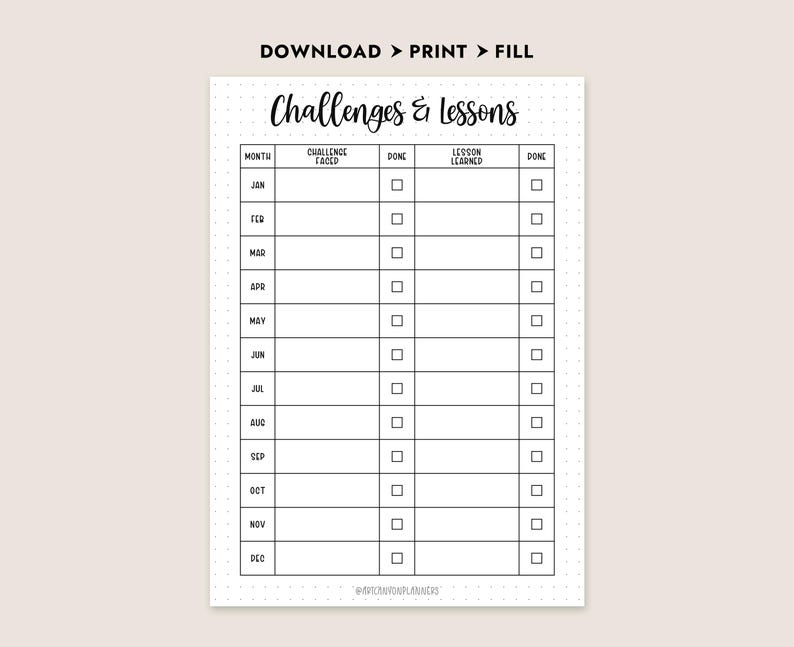 Challenge Lessons Challenges and Lessons Tracker Printable Productivity Planner Digital ...