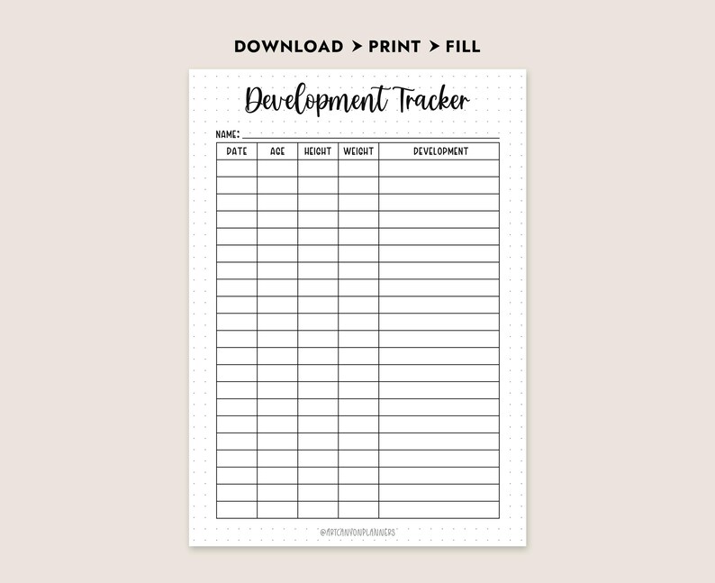 Baby Development Tracker Printable Growth Log Child Height Weight Chart ...